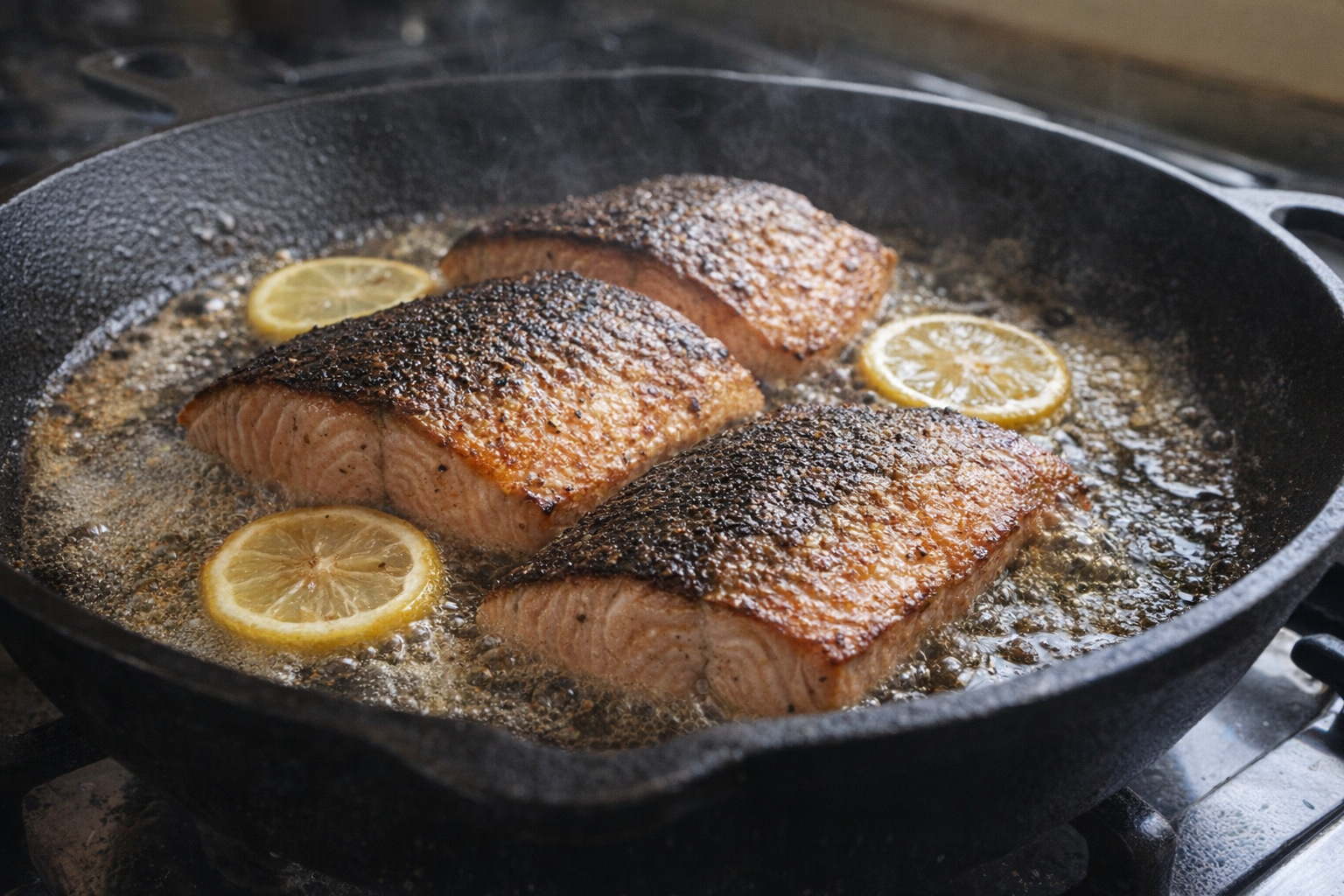 An action shot showing salmon fillets searing skin-side down in a cast iron skillet, olive oil and butter sizzling, golden brown skin forming, lemon slices in the pan, medium-high heat